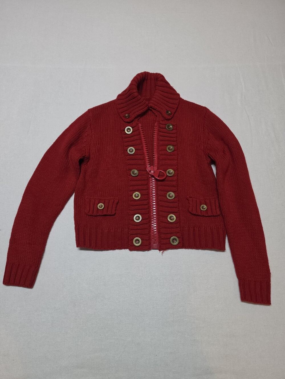 Women’s Size L Red Chunky Knit Military Button Full Zip Cardigan Sweater Huge...